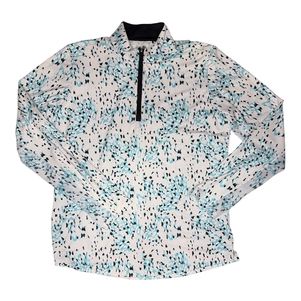 SanSoleil SolCool UV 50+ Cooling Quarter Zip Pullover Top Blue White Print L